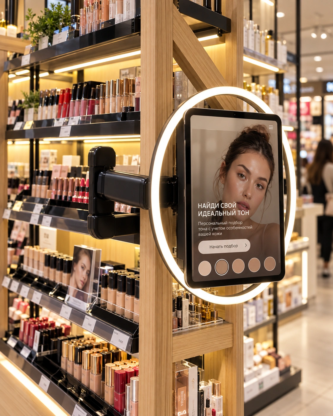 Визуализация пилотной интеграции SKINCODE: планшет на креплении у стеллажа косметики