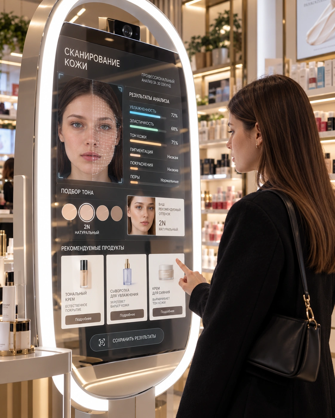 Визуализация развития SKINCODE: большой сканер кожи рядом с клиентом в торговом зале