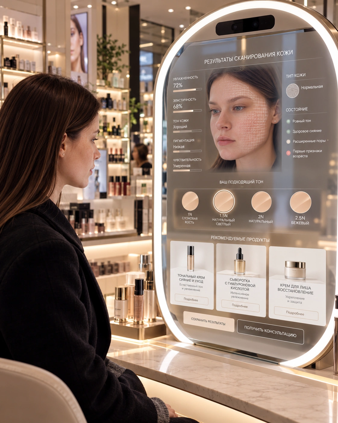 Визуализация возможной интеграции SKINCODE: клиент у большого экрана с рекомендациями